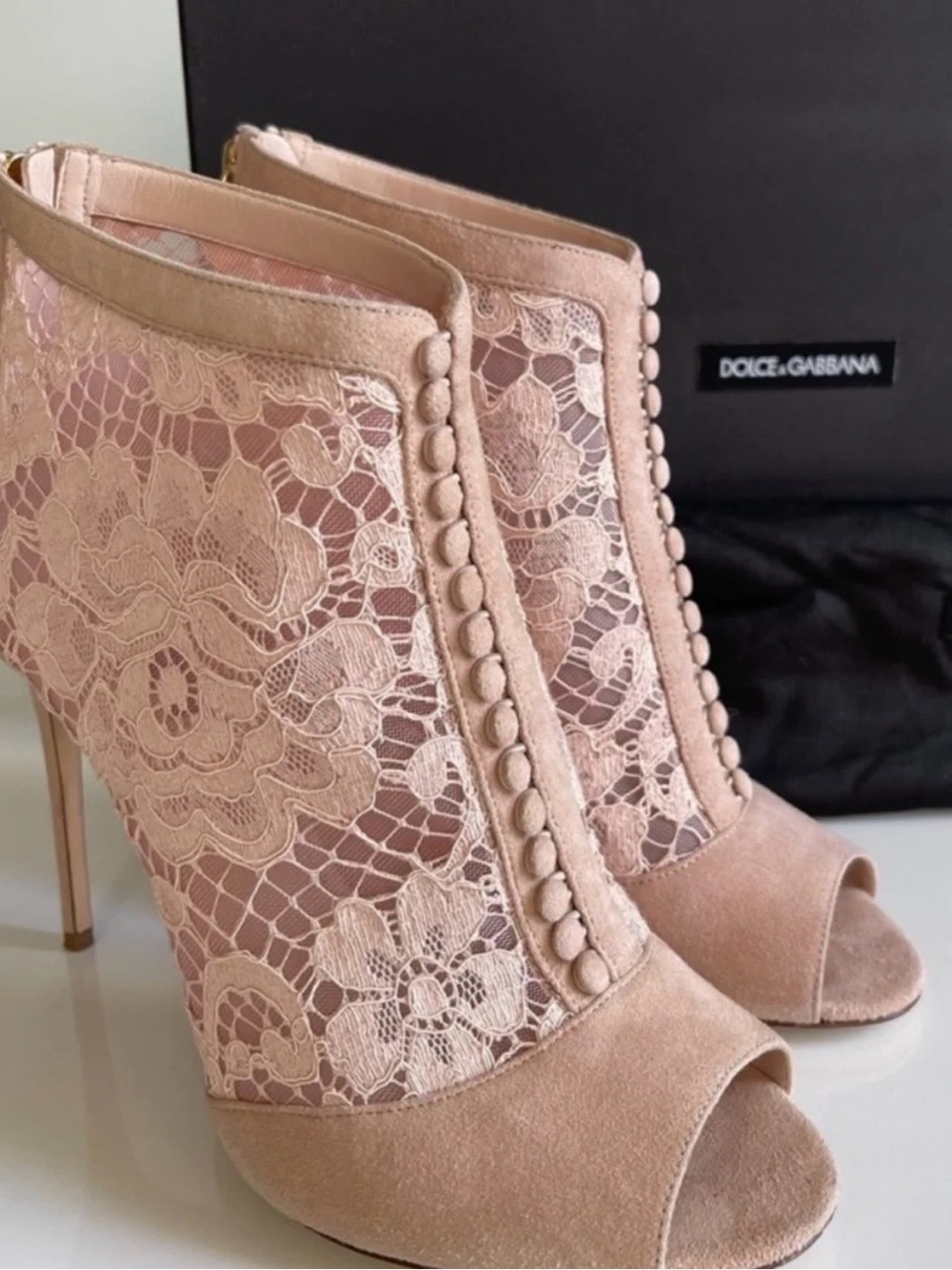 Dolce & Gabbana Blush Pink Lace Peep-Toe Booties with Button Trim